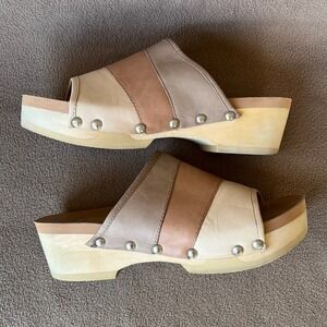 Earth Brandsling Nude Tan Brown Leather Wood Platform Clog Slide Boho Sandal 8.5